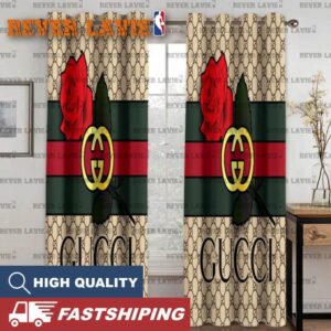Gucci Fancy Logo Roses With Vintage Web In Beige Monogram Background Window Curtain