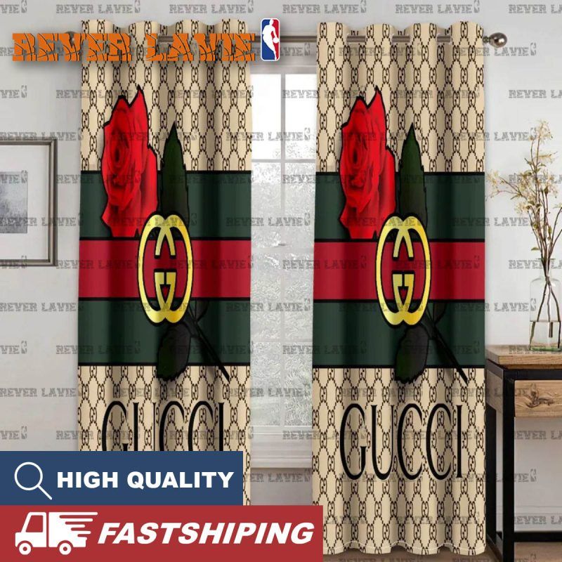 Gucci Fancy Logo Roses With Vintage Web In Beige Monogram Background Window Curtain Gucci Fancy Logo Roses With Vintage Web In Beige Monogram Background Window Curtain