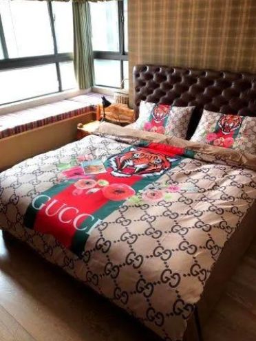 Gucci Floral Tiger With Vintage Web In Monogram Background Duvet Cover Set Gucci Floral Tiger With Vintage Web In Monogram Background Duvet Cover Set