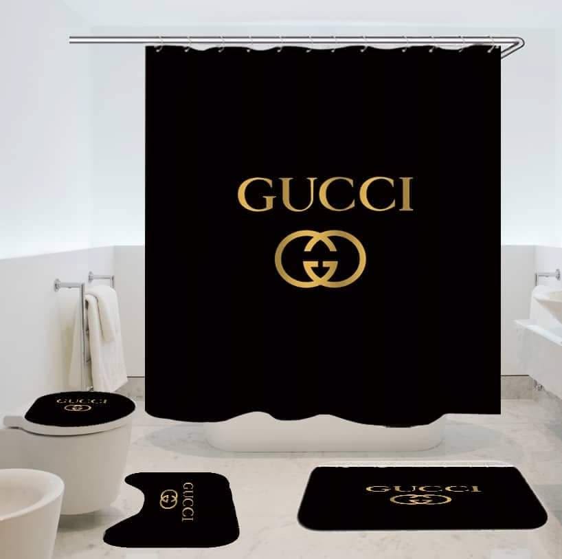 Gucci Golden Logo In Black Background Bathroom Set Gucci Golden Logo In Black Background Bathroom Set