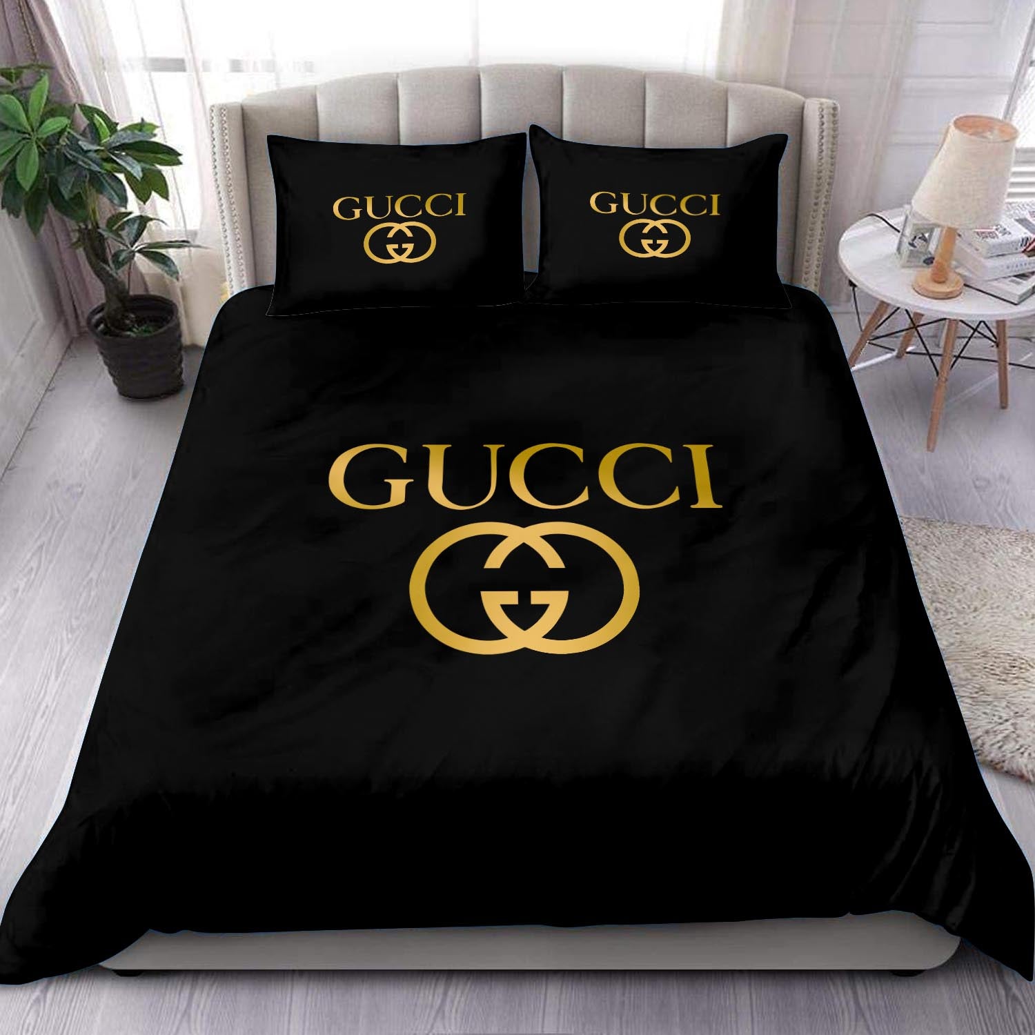 Gucci Golden Logo In Black Background Bedding Set Gucci Golden Logo In Black Background Bedding Set