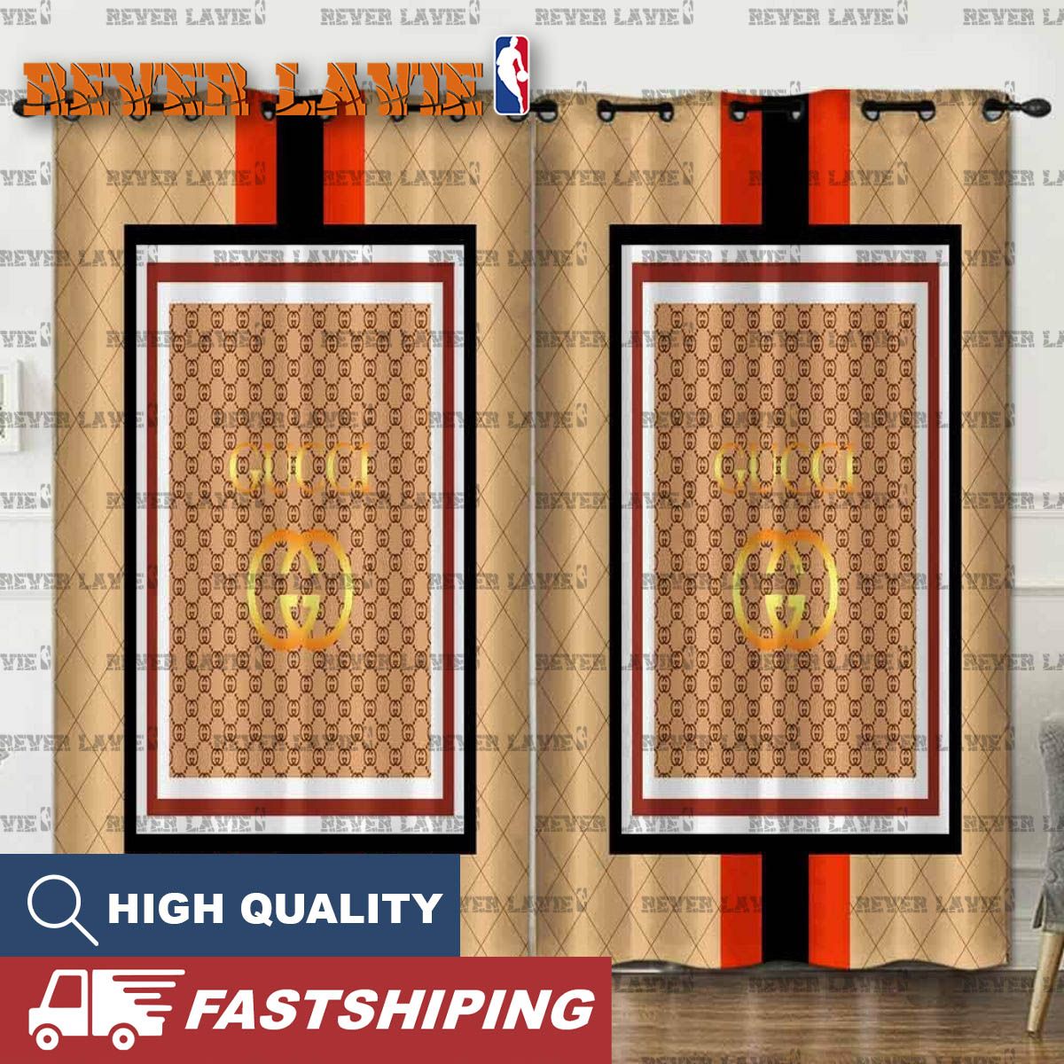 Gucci Golden Logo In Brown Monogram Background Window Curtain Gucci Golden Logo In Brown Monogram Background Window Curtain
