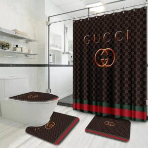 Gucci Golden Logo With Vintage Web In Brown Monogram Background Bathroom Set With Shower Curtain