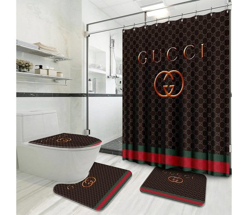 Gucci Golden Logo With Vintage Web In Brown Monogram Background Bathroom Set With Shower Curtain Gucci Golden Logo With Vintage Web In Brown Monogram Background Bathroom Set With Shower Curtain