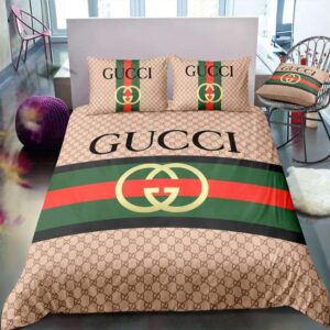 Gucci Logo In Brown Monogram With Vintage Web Bedding Set Queen