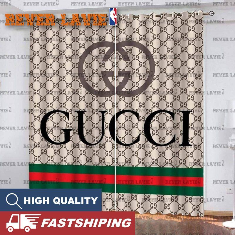 Gucci Logo In Monogram Background With Signature Stripe Window Curtain Gucci Logo In Monogram Background With Signature Stripe Window Curtain