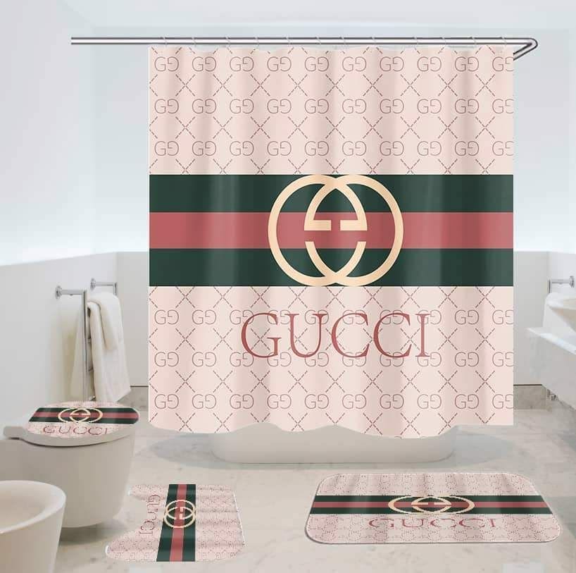 Gucci Logo With Vintage Web In Pink Monogram Background Bathroom Set With Shower Curtain Gucci Logo With Vintage Web In Pink Monogram Background Bathroom Set With Shower Curtain