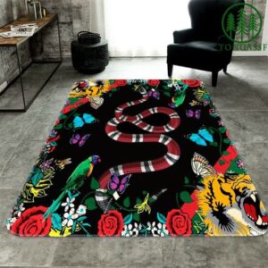 Gucci Snake Tiger Parrots Black Carpet Rug Home Decor