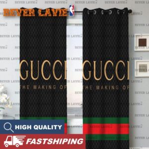 Gucci The Making Of Luxury Brand Golden Logo With Vintage Web In Black Background Window Curtain