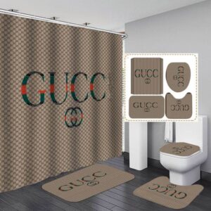 Gucci Vintage Logo In Signature Monogram Background Bathroom Set With Shower Curtain