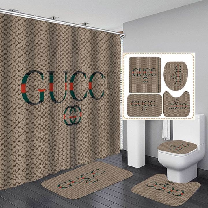 Gucci Vintage Logo In Signature Monogram Background Bathroom Set With Shower Curtain Gucci Vintage Logo In Signature Monogram Background Bathroom Set With Shower Curtain