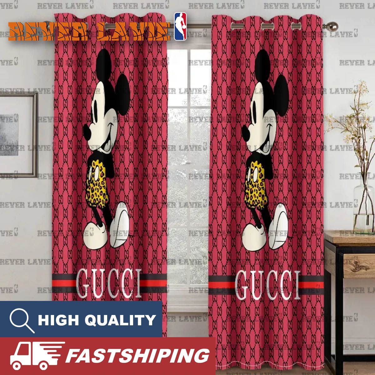 Gucci X Mickey Mouse Fashion Addict With Black Monogram In Hot Pink Background Window Curtain Gucci X Mickey Mouse Fashion Addict With Black Monogram In Hot Pink Background Window Curtain