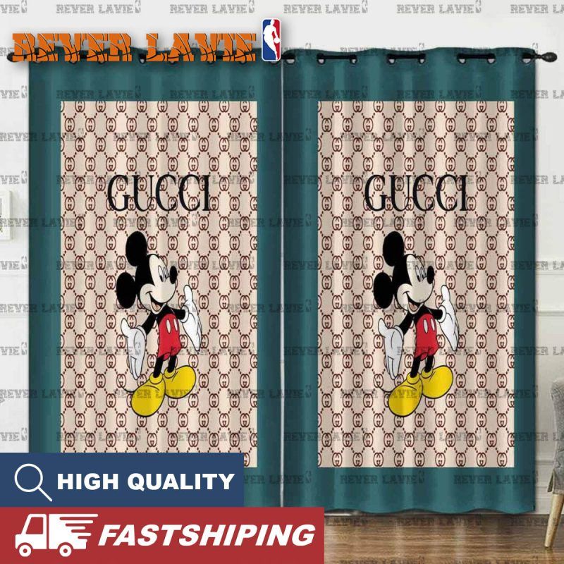Gucci X Mickey Mouse In Beige Monogram And Blue Frame Background Window Curtain Gucci X Mickey Mouse In Beige Monogram And Blue Frame Background Window Curtain
