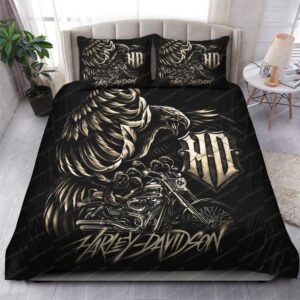 Harley Davidson Eagle Logo In Black Background Bedding Set