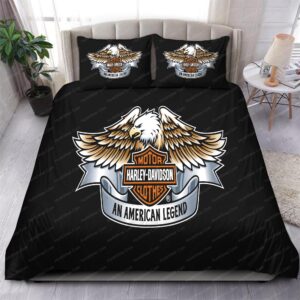 Harley Davidson Motorcycle American Eagel In Black Background Bedding Set