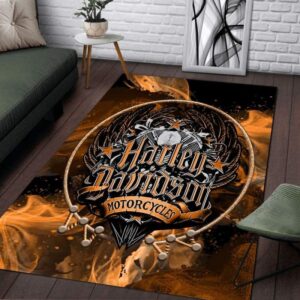 Harley Davidson Motorcyles On Fire Rug Carpet