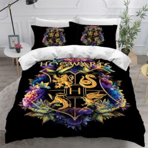 Harry Potter Hogwarts Golden Logo With Magical Floral Bedding Set Full