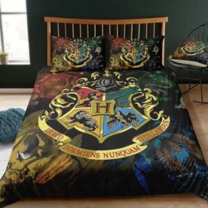 Harry Potter Hogwarts Logo In Mascot Of 4 Houses Background Bedding Set Full