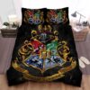 Harry Potter Hogwarts Logo In Mascot Of 4 Houses Background Bedding Set Full