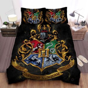 Harry Potter Hogwarts Logo In Mistic Black Background Bedding Set Full