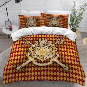 Harry Potter Hogwarts Logo In Yellow And Red Plaid Background Queen Bedding Set