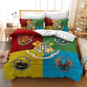 Harry Potter Hogwarts Logo With 4 Houses Symbols Queen Bedding Set