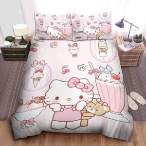 Hello Kitty And Teddy Bear With Strawberry Desserts Bedding Set Queen