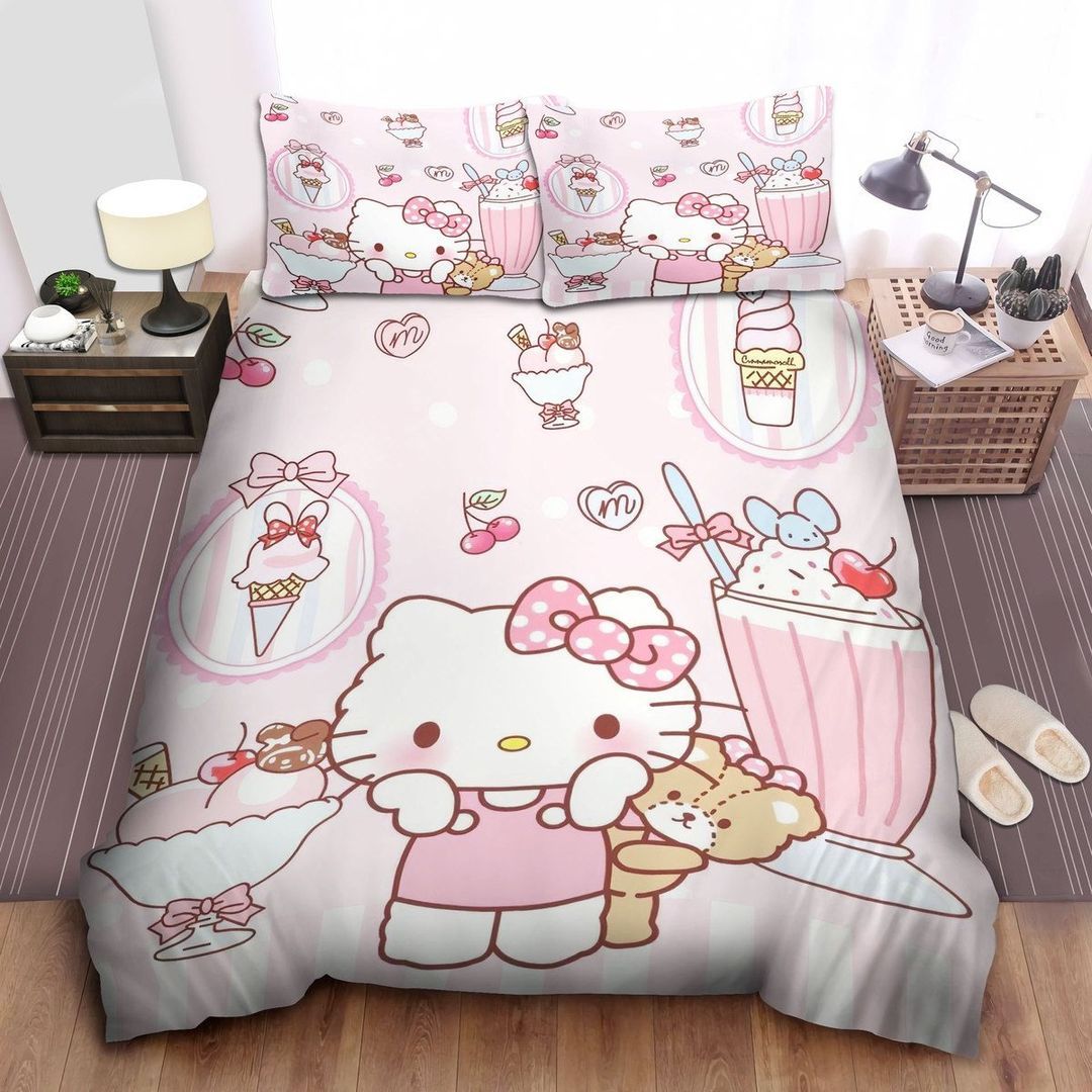 Hello Kitty And Teddy Bear With Strawberry Desserts Bedding Set Queen Hello Kitty And Teddy Bear With Strawberry Desserts Bedding Set Queen