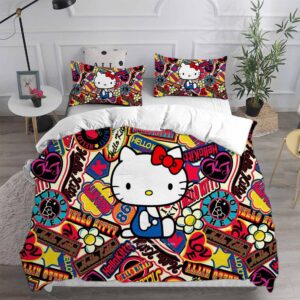 Hello Kitty In Colorful Stickers Background Bedding Set Full