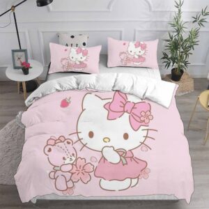 Hello Kitty Playing With Teddy Bear In Baby Pink Background Bedding Set Full