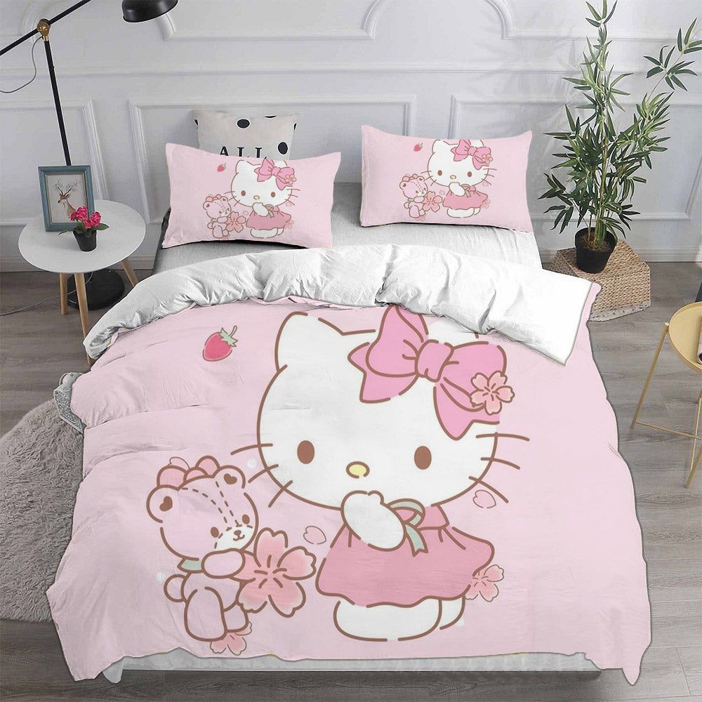 Hello Kitty Playing With Teddy Bear In Baby Pink Background Bedding Set Full Hello Kitty Playing With Teddy Bear In Baby Pink Background Bedding Set Full