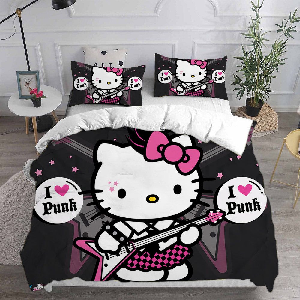 Hello Kitty Rockstar I Love Punk In Black Background Bedding Set Full Hello Kitty Rockstar I Love Punk In Black Background Bedding Set Full