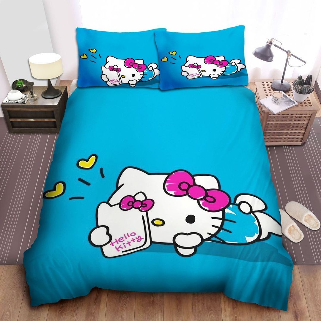 Hello Kitty Selfie In Blue Sea Background Bedding Set Queen Hello Kitty Selfie In Blue Sea Background Bedding Set Queen
