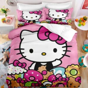 Hello Kitty With Colorful Desserts In Pink Background Bedding Set Twin