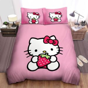 Hello Kitty With Strawberry In Pink Background Bedding Set Twin