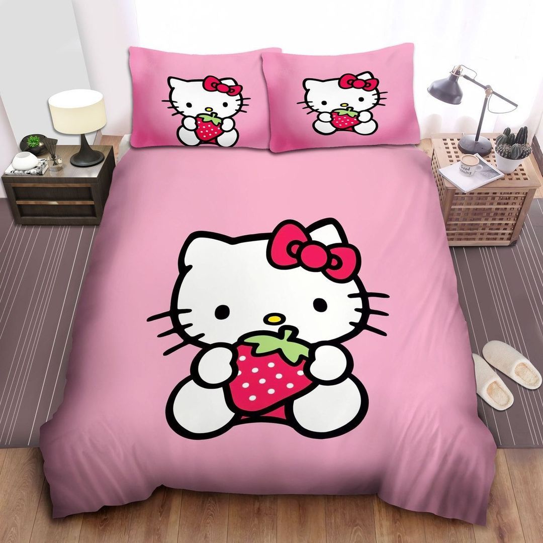 Hello Kitty With Strawberry In Pink Background Bedding Set Twin Hello Kitty With Strawberry In Pink Background Bedding Set Twin