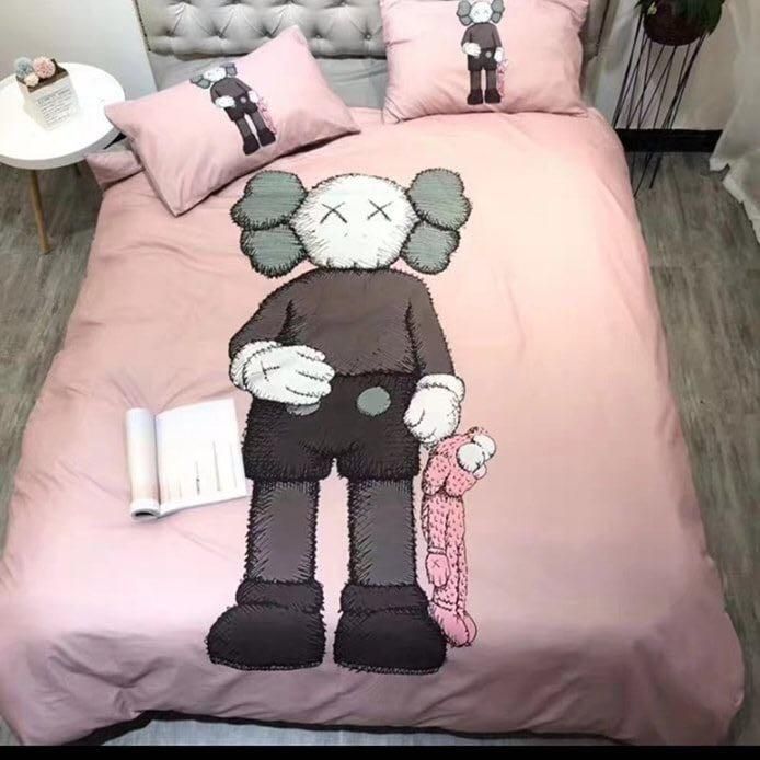 Kaws Holding A Pink Kaws In Baby Pink Background Bedding Set Kaws Holding A Pink Kaws In Baby Pink Background Bedding Set