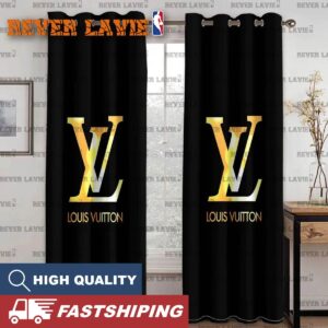 Louis Vuitton Big Golden Logo In Black Backgorund Two Sides Splitted Window Curtain