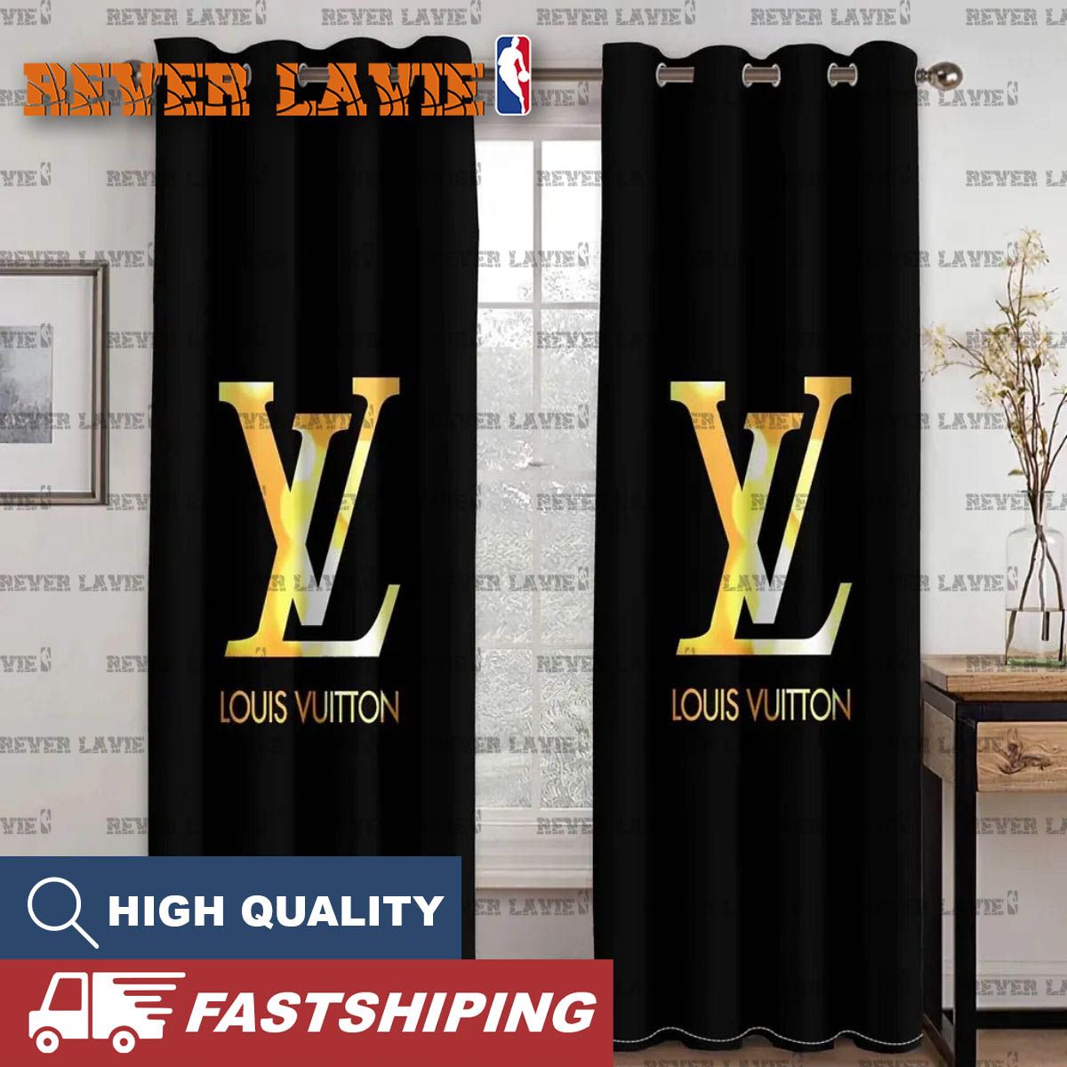 Louis Vuitton Big Golden Logo In Black Backgorund Two Sides Splitted Window Curtain Louis Vuitton Big Golden Logo In Black Backgorund Two Sides Splitted Window Curtain
