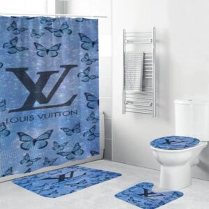 Louis Vuitton Big Logo In Butterfly Background Shower Curtain Set