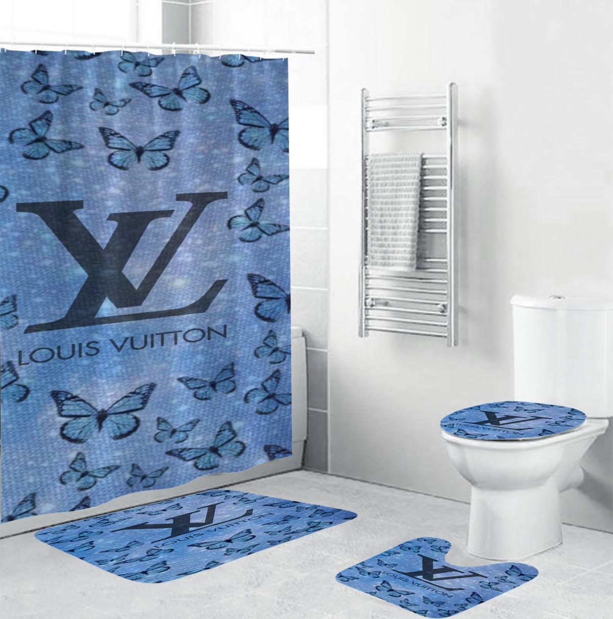 Louis Vuitton Big Logo In Butterfly Background Shower Curtain Set Louis Vuitton Big Logo In Butterfly Background Shower Curtain Set