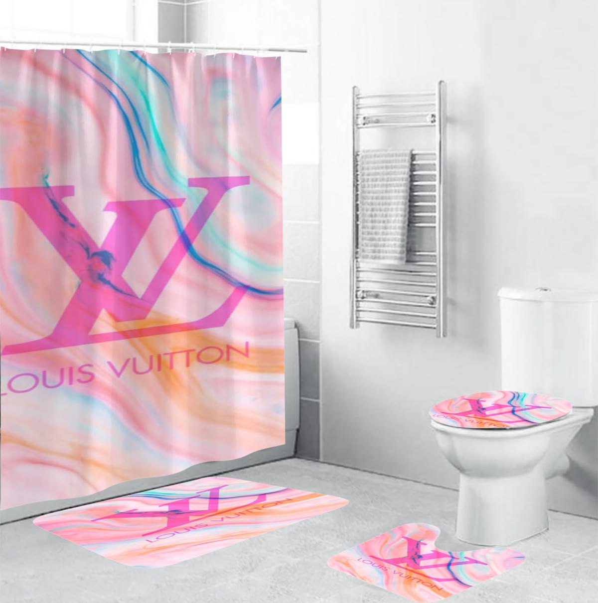 Louis Vuitton Big Logo In Water Color Background Shower Curtain Set Louis Vuitton Big Logo In Water Color Background Shower Curtain Set