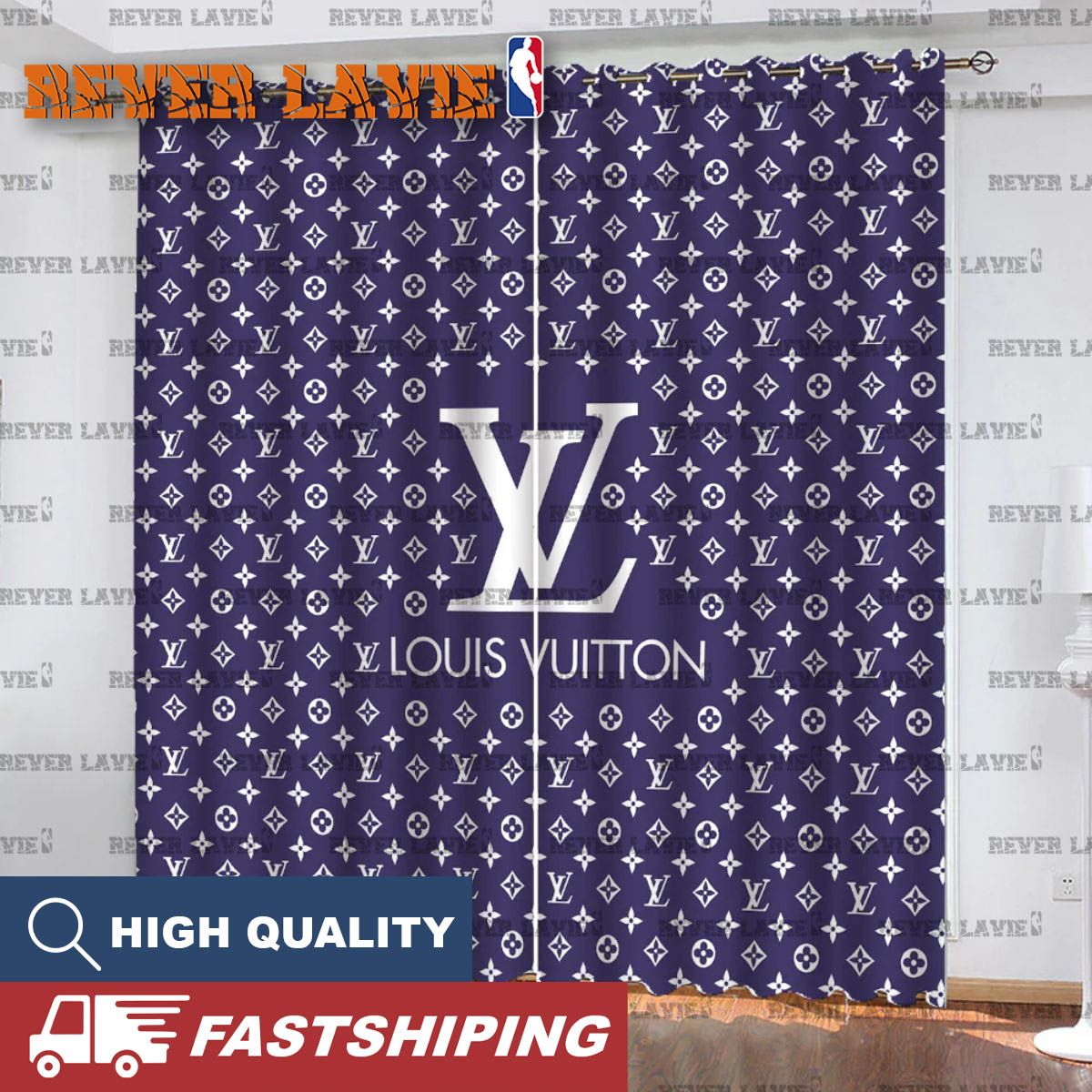 Louis Vuitton Big Logo With White Monogram In High Fashion Blue Background Window Curtain Louis Vuitton Big Logo With White Monogram In High Fashion Blue Background Window Curtain