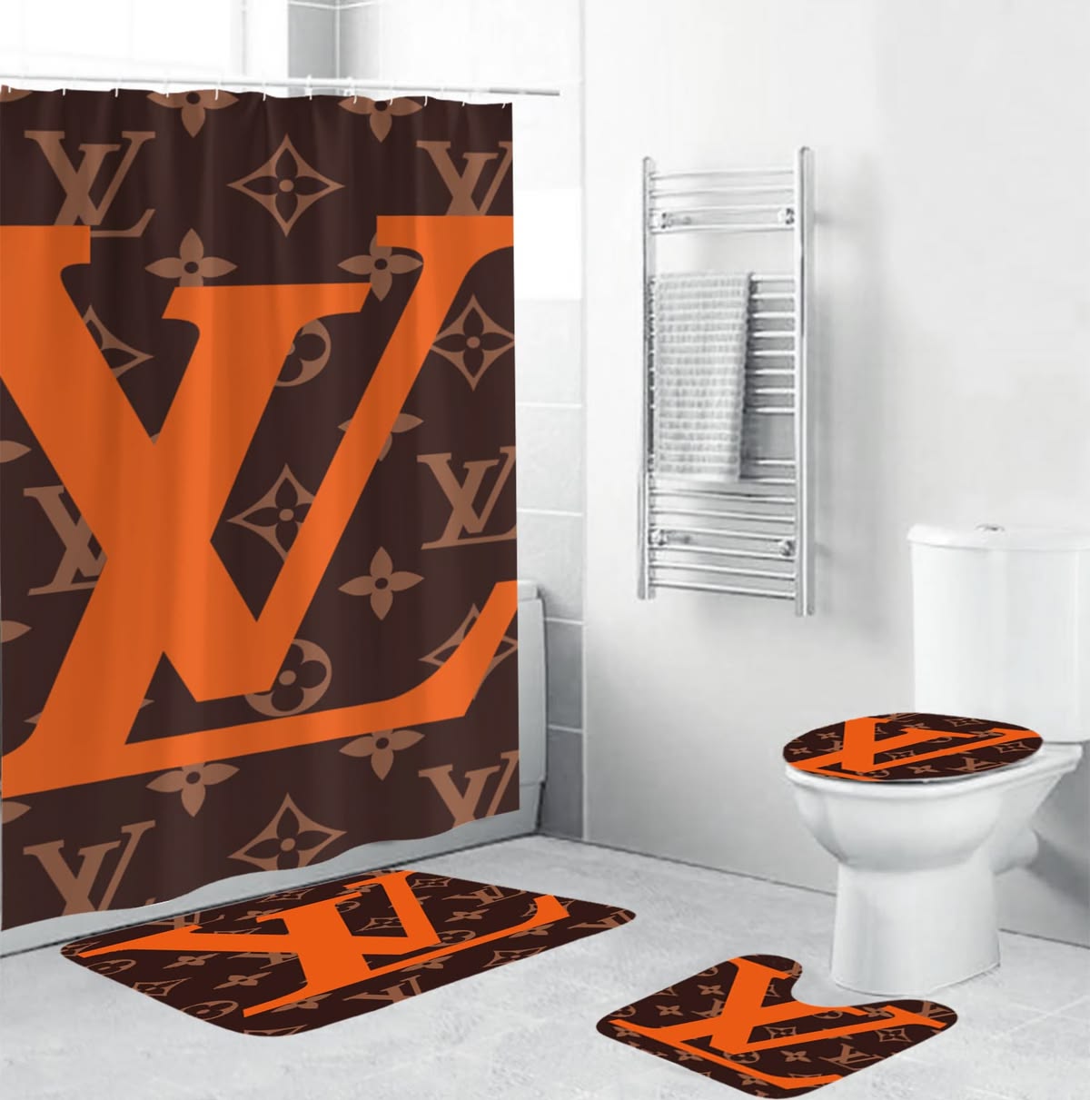 Louis Vuitton Big Orange Logo Bathroom Set With Shower Curtain Louis Vuitton Big Orange Logo Bathroom Set With Shower Curtain