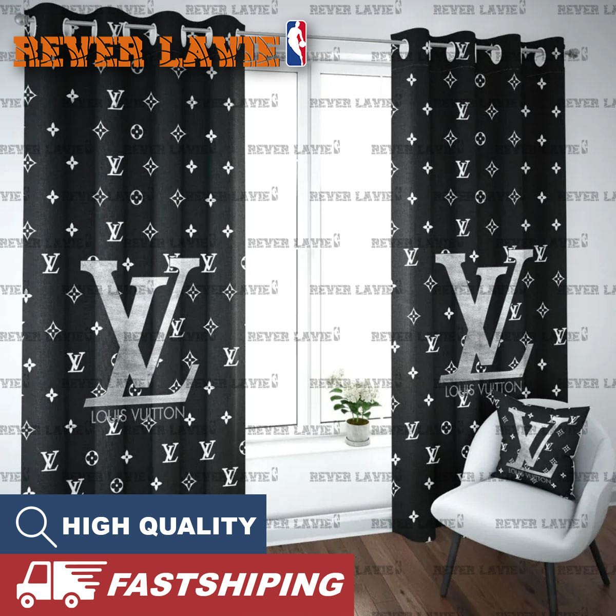 Louis Vuitton Big Silver Logo And Monogram In Black Background Two Sides Splitted Window Curt... Louis Vuitton Big Silver Logo And Monogram In Black Background Two Sides Splitted Window Curt...