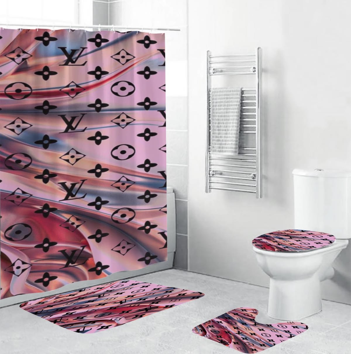 Louis Vuitton Black Monogram In Colorful Background Shower Curtain Set Louis Vuitton Black Monogram In Colorful Background Shower Curtain Set