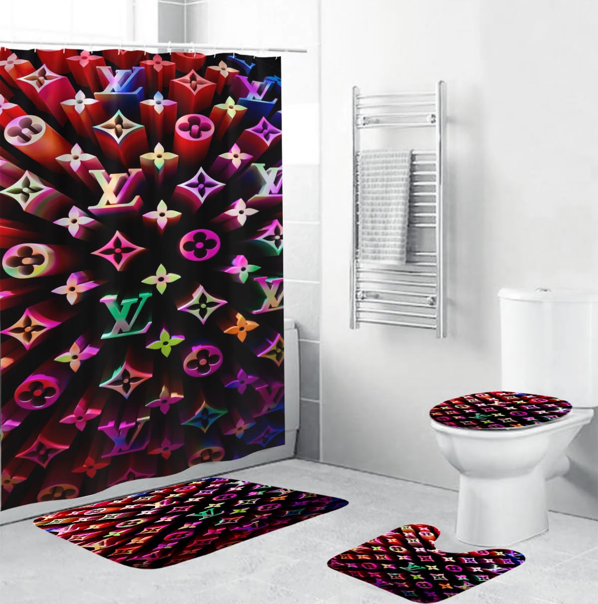 Louis Vuitton Colorful 3D Monogram Bathroom Set With Shower Curtain Louis Vuitton Colorful 3D Monogram Bathroom Set With Shower Curtain