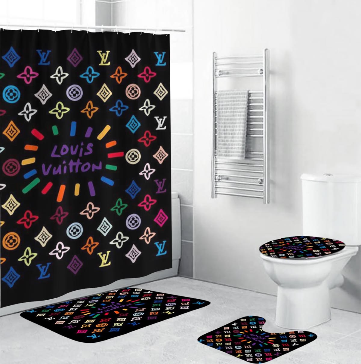 Louis Vuitton Colorful Hand Drawing Bathroom Set With Shower Curtain Louis Vuitton Colorful Hand Drawing Bathroom Set With Shower Curtain