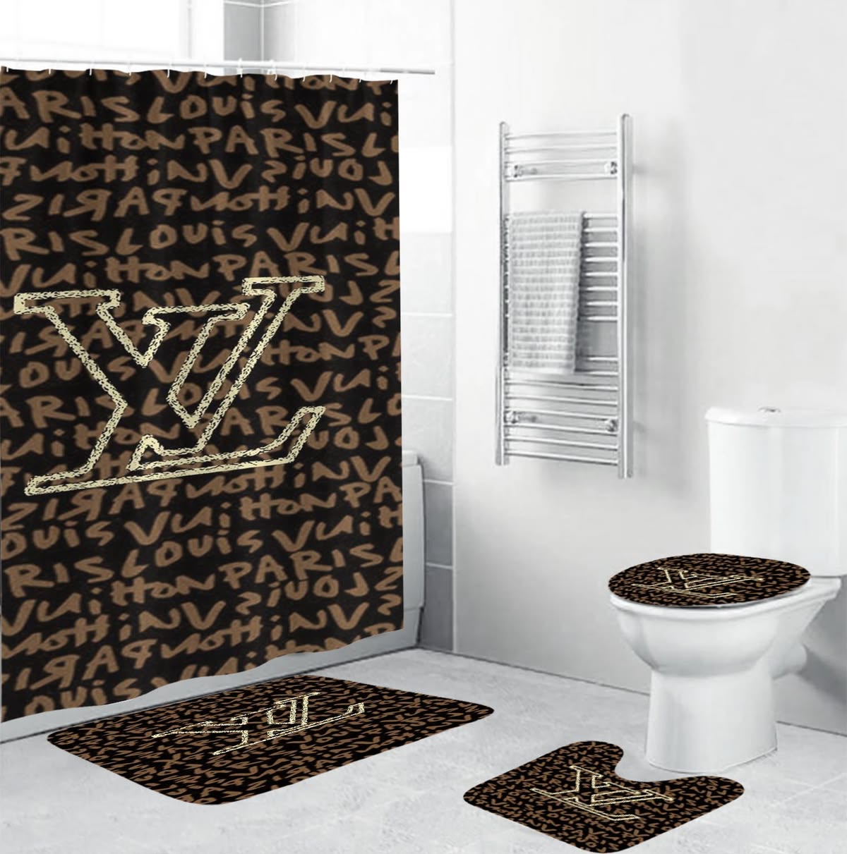 Louis Vuitton Glitter Logo And Brown Markers Monogram Bathroom Set With Shower Curtain Louis Vuitton Glitter Logo And Brown Markers Monogram Bathroom Set With Shower Curtain