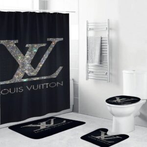 Louis Vuitton Glitter Logo In Black Background Shower Curtain Set